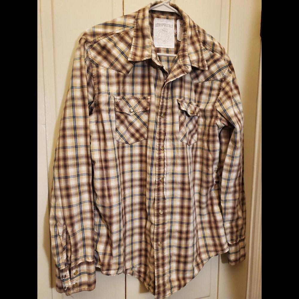 Men's Aeropostale Western Tan/white Plaid Pearl Snap LS  M